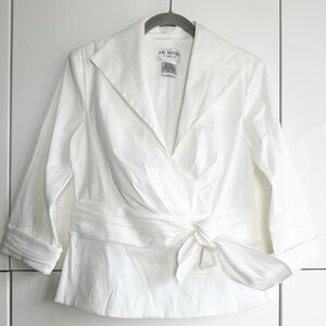 JR Nites Dressy Taffeta-Like Blouse White Belted Bow Size 12 Evening V Neck